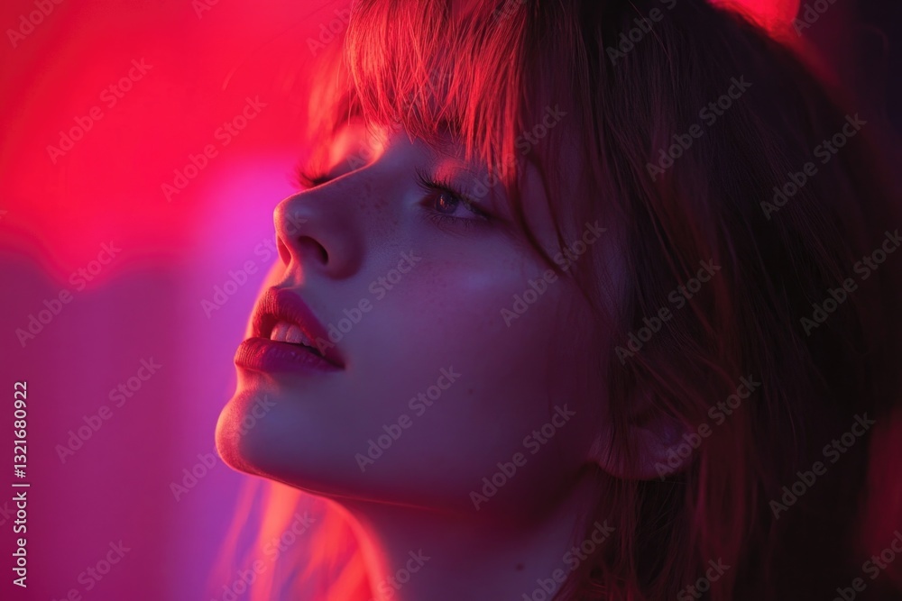 Poster a close-up of a woman's face with a red led light turned on, suitable for technology or innovation c