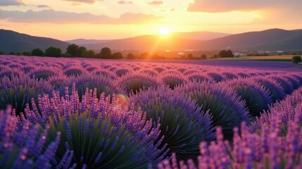 Naklejka premium Blooming lavender fields under warm late-spring sunshine, rolling hills in the distance, vibrant purple hues contrasting with golden light in a serene countryside setting.