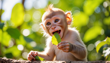Playful monkey infant interacting with a leaf in the rainforest, curiosity