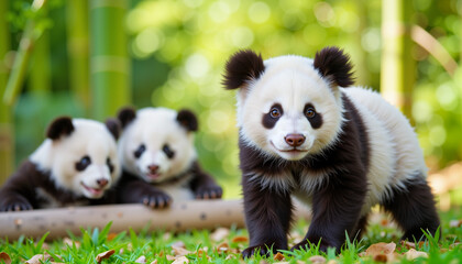 Fototapeta premium Cute panda cub exploring lush bamboo surroundings, adorable wildlife