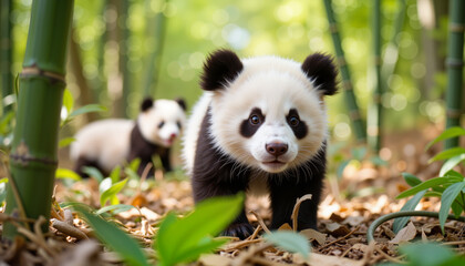 Fototapeta premium Curious panda cub exploring dense bamboo grove, playful adventure