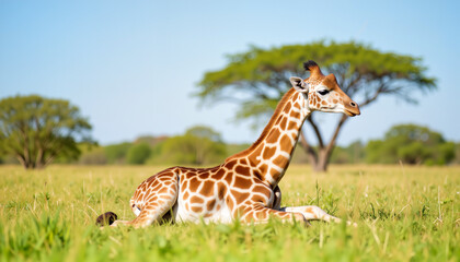 Obraz premium Young giraffe calf resting peacefully on green grass under blue sky, tranquility