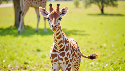 Obraz premium Adorable giraffe calf standing in lush green savanna, wildlife beauty