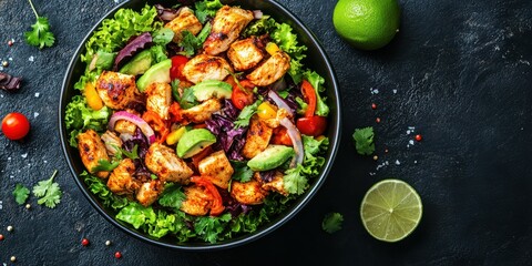 Freshly prepared grilled chicken salad with vibrant vegetables and lime on a dark wooden table