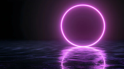 Vivid Purple Neon Circle Illuminating Dark Glitched Water Reflection in a Futuristic Cyberpunk Setting with Abstract Digital Art Design