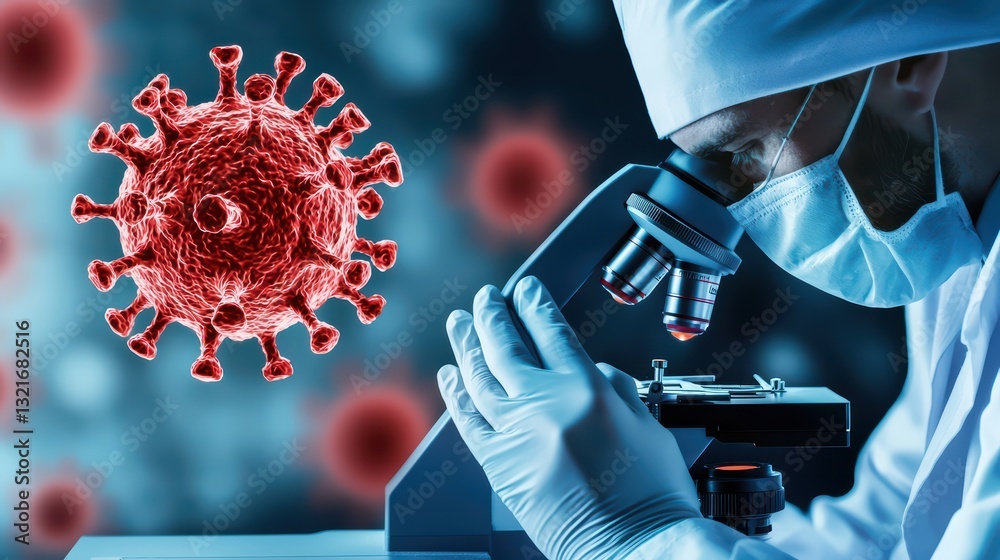 Poster scientist analyzing virus sample under microscope in laboratory setting with red virus image