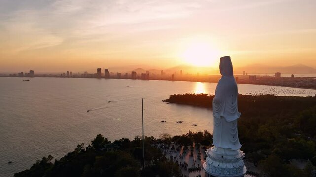 Da Nang aerial view of Lady Buddha's statue, Vietnam_medium pan shot