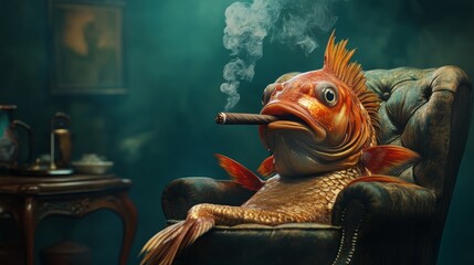 Anthropomorphic fish smoking cigar on chair