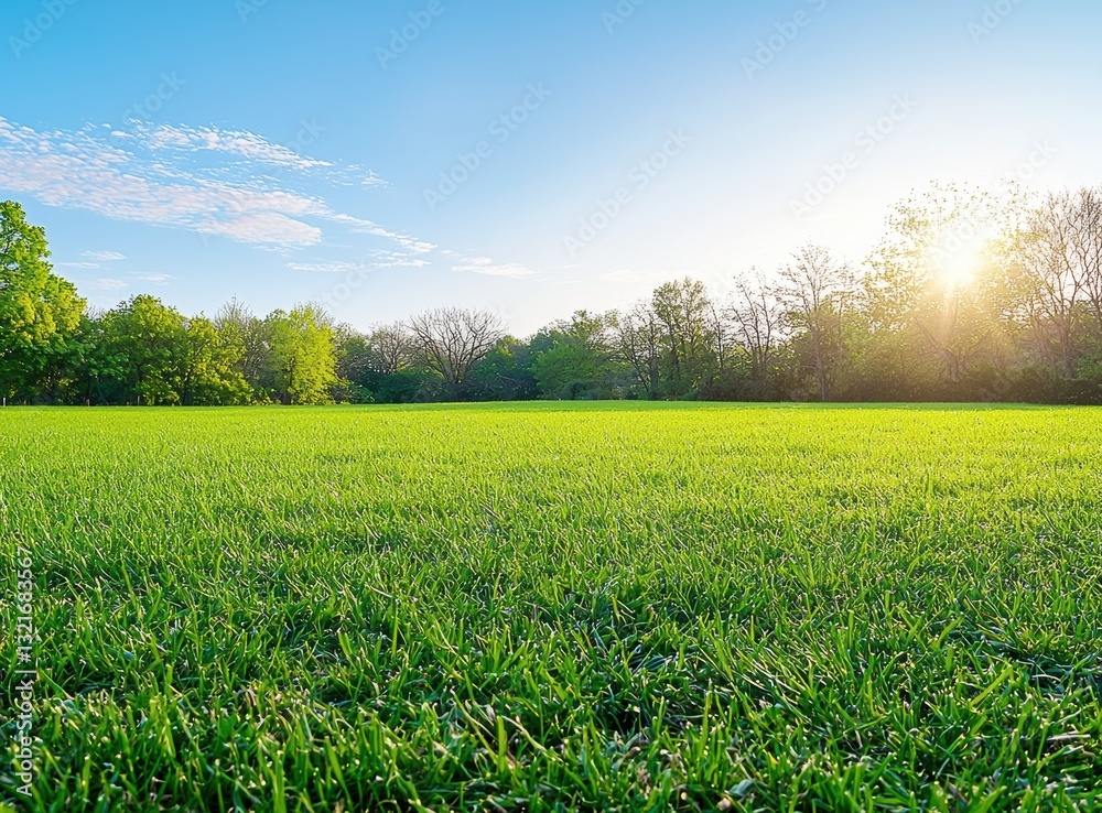 Poster green grass meadow shining under the sunlight with trees in background