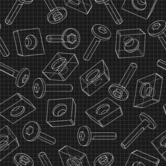 Mechanical engineering drawings on black background. Cutter, assembly tool with replaceable multi-faceted plate. Technical Design. Cover. Blueprint. Vector illustration. Seamless pattern.