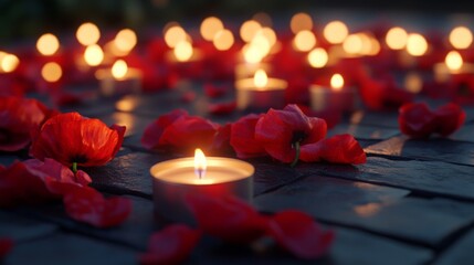 Lit Candles and Flowers at a VE Day Memorial