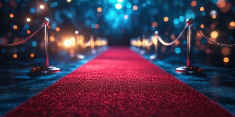 Red carpet event unfolds under dazzling lights with velvet ropes guiding guests in a glamorous setting