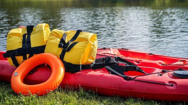 Bright yellow life jackets and an inflatable ring on red kayaks by the water’s edge on a grassy bank. Safety gear for outdoor kayaking and water sports on a sunny day.
