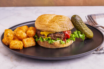 hamburger  with tater tots  and pickle