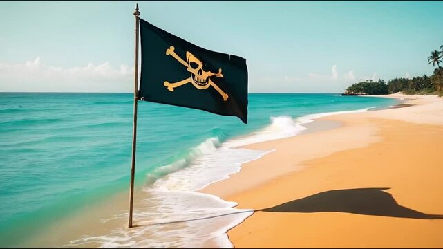 Pirate flag on beach with ocean view for adventure stories, travel blogs, pirate themed events, historical content, children's entertainment, and maritime decoration