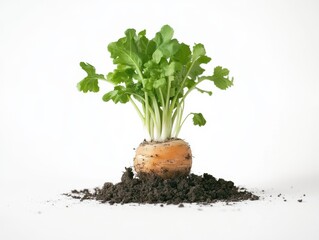 Turnip with green leaves growing out of the ground

