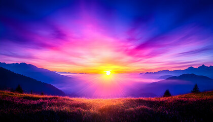 Fototapeta premium Vibrant sunrise over a mountain range casting colorful rays across a grassy foreground