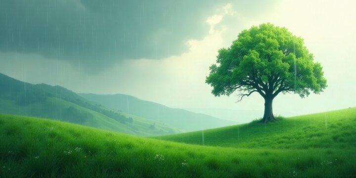Serene Landscape A solitary tree stands resilient amidst a gentle rain, overlooking rolling green hills under a dramatic sky.