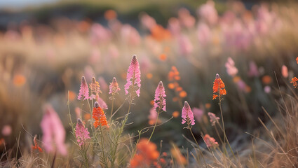 Dreamy Macro Photography of Colorful Wildflowers with Soft Bokeh and Natural Light. Wildflower meadow. Morning in the field.