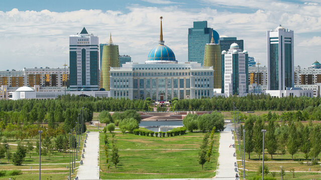 Panorama of the Astana city timelapse and the president's residence Akorda with park