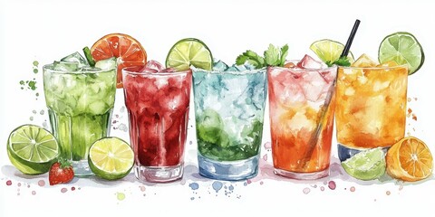 Colorful assortment of refreshing cocktails with fruits and ice in a vibrant display