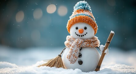 Photo of a happy, smiling snowman wearing a hat and scarf and holding a broom, standing in the middle of white snow. The background is a soft blue, with a bokeh effect. 