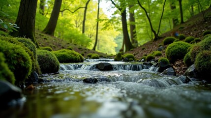 Obraz premium Springtime stream flowing through a lush forest, crystal-clear water winding through mossy rocks, sunlight filtering through fresh green leaves, creating a tranquil setting.