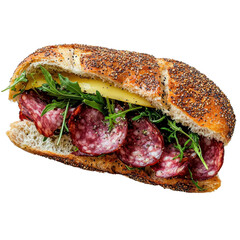 Delicious sandwich with salami, cheese, and fresh arugula garnish