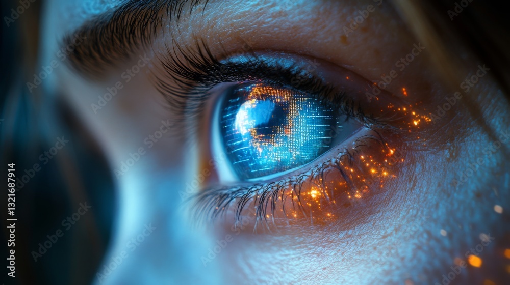 Poster A close-up of a person's eye reflecting intricate data patterns, symbolizing the fusion of quantum principles with neural network optimization and learning algorithms.