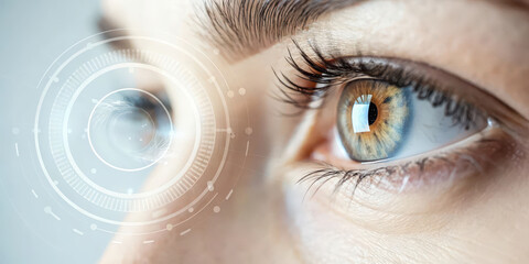close up of healthy eye with digital interface overlay, showcasing technology