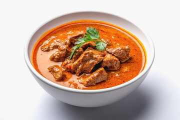 Overhead shot of a bowl of fragrant thai massaman curry with colorful ingredients and fresh herbs
