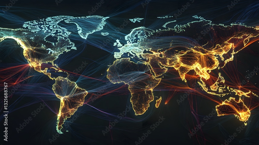Poster colorful graphic representation of world map with light trails