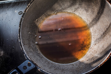Used black vegetable oil left over from frying food in a pan with stains splashing around the stove in kitchen and oil should not be reused for consumption.