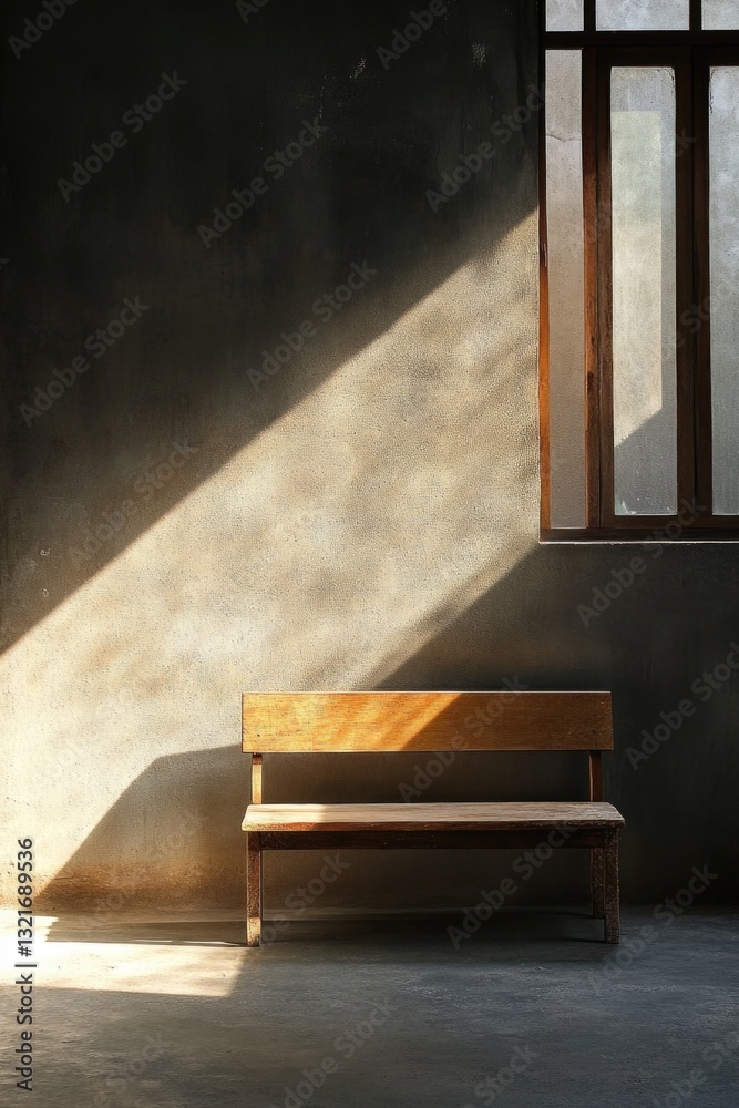 Poster a wooden bench situated in front of a window, perfect for reading or contemplation