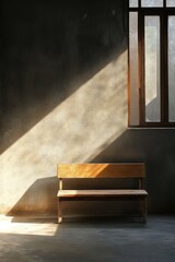 A wooden bench situated in front of a window, perfect for reading or contemplation