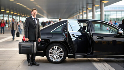 business traveler in suit stands beside sleek black car at airport