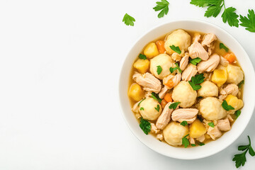 Overhead view of a hearty serving of homemade chicken and dumplings comfort food on a rustic plate