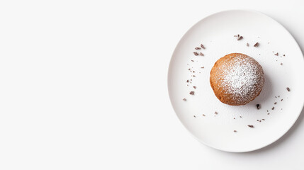 Rustic homemade chocolate souffle artfully presented on a white plate with an overhead perspective highlighting its elegance