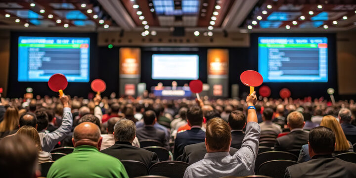 lively auction house with bidders raising paddles in crowded room