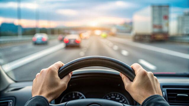 Close up of driver hands on wheel, navigating busy highway at sunset