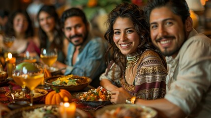 Hispanic Heritage Month . A warm and inviting scene of a Hispanic family gathered around a table for a traditional meal, their faces reflecting the joy of togetherness and shared heritage