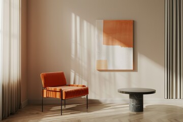 Cozy modern living room with orange armchair and abstract artwork