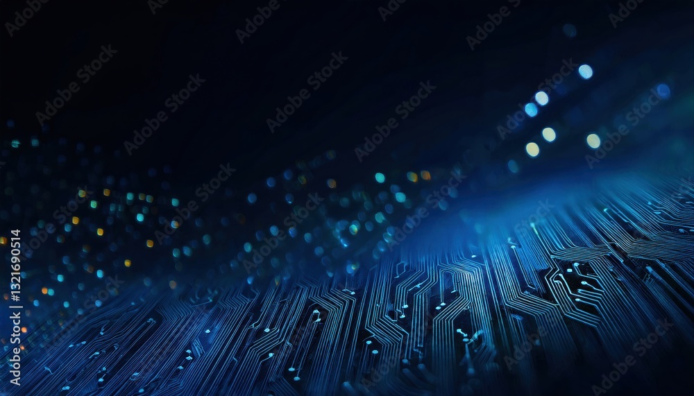 Poster futuristic circuit board with glowing blue microchip connections, technology background for ai, inno