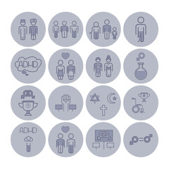 Fototapeta premium Collection of line icons illustrating various human experiences, conditions, and values such as relationships, societal roles, and personal identities, arranged in grid format