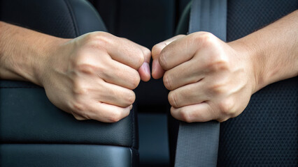 Fototapeta premium Hands gripping armrest tightly, showing tension and anxiety in car interior