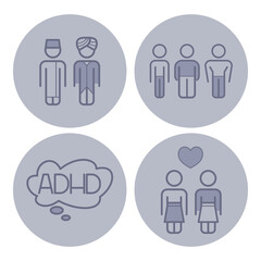 Collection of line icons depicting various social interactions, individuals, and illustration of ADHD awareness