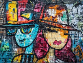 Obraz premium Colorful graffiti portraits on brick wall, urban art background, for design