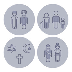 Collection of line icons representing various cultural and religious figures, including families and symbols from different faiths. Diversity and heritage concept