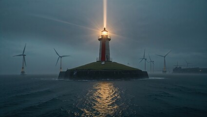 Fototapeta premium A lighthouse beams light amidst wind turbines in a foggy sea landscape.
