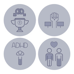 Four distinct icons symbolizing gender equality, activism, ADHD awareness, and diverse relationships. Important social themes